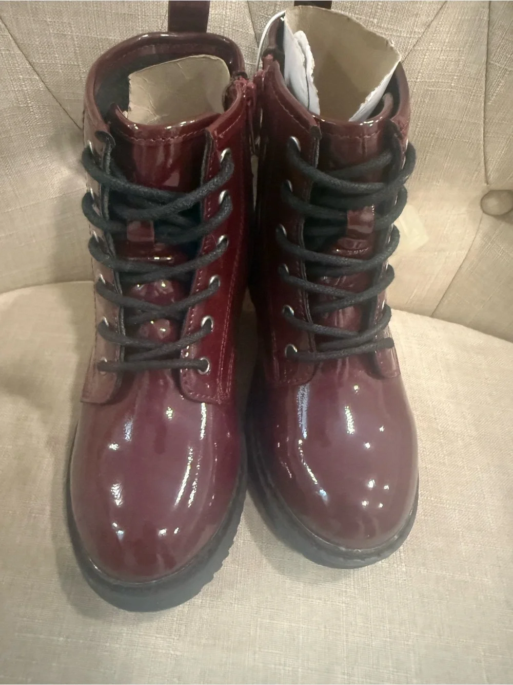 Burgundy Patent Lace-Up Girls' Combat Boots